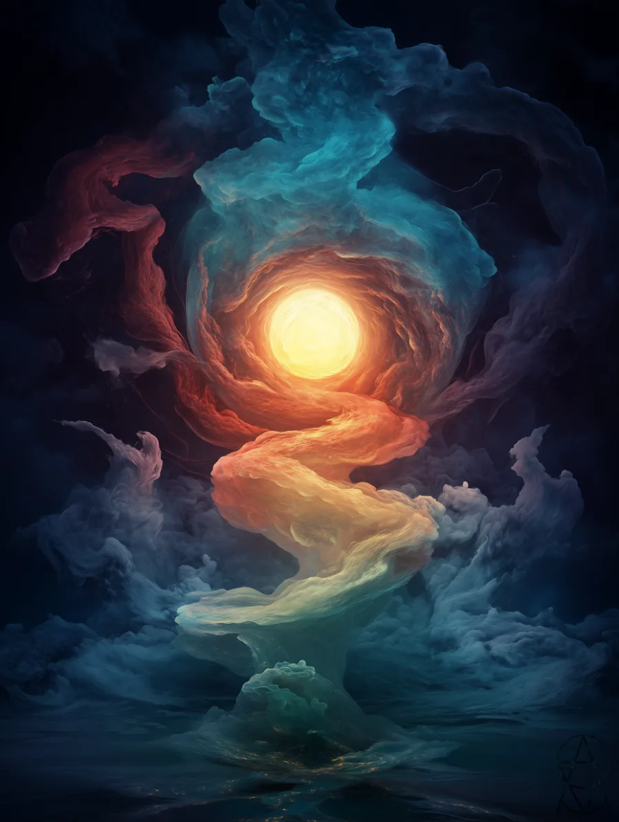 Una sfera di luce dorata al centro di un vortice di nubi sopra il mare, che illumina l’acqua sotto di sé.