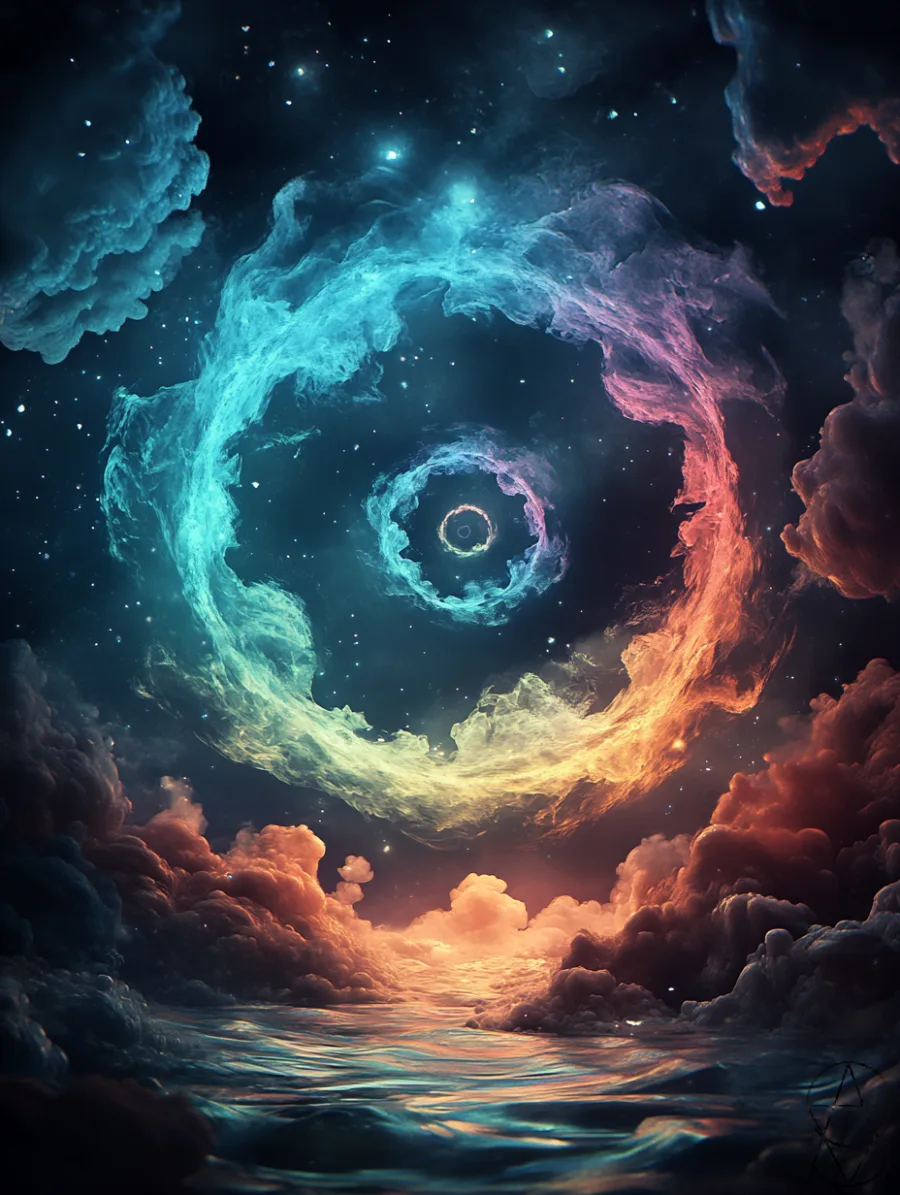 Un anello di luce ciano e rosa sospeso in cielo sopra nubi arancioni e il mare, staccato dall’acqua da cui è nato.
