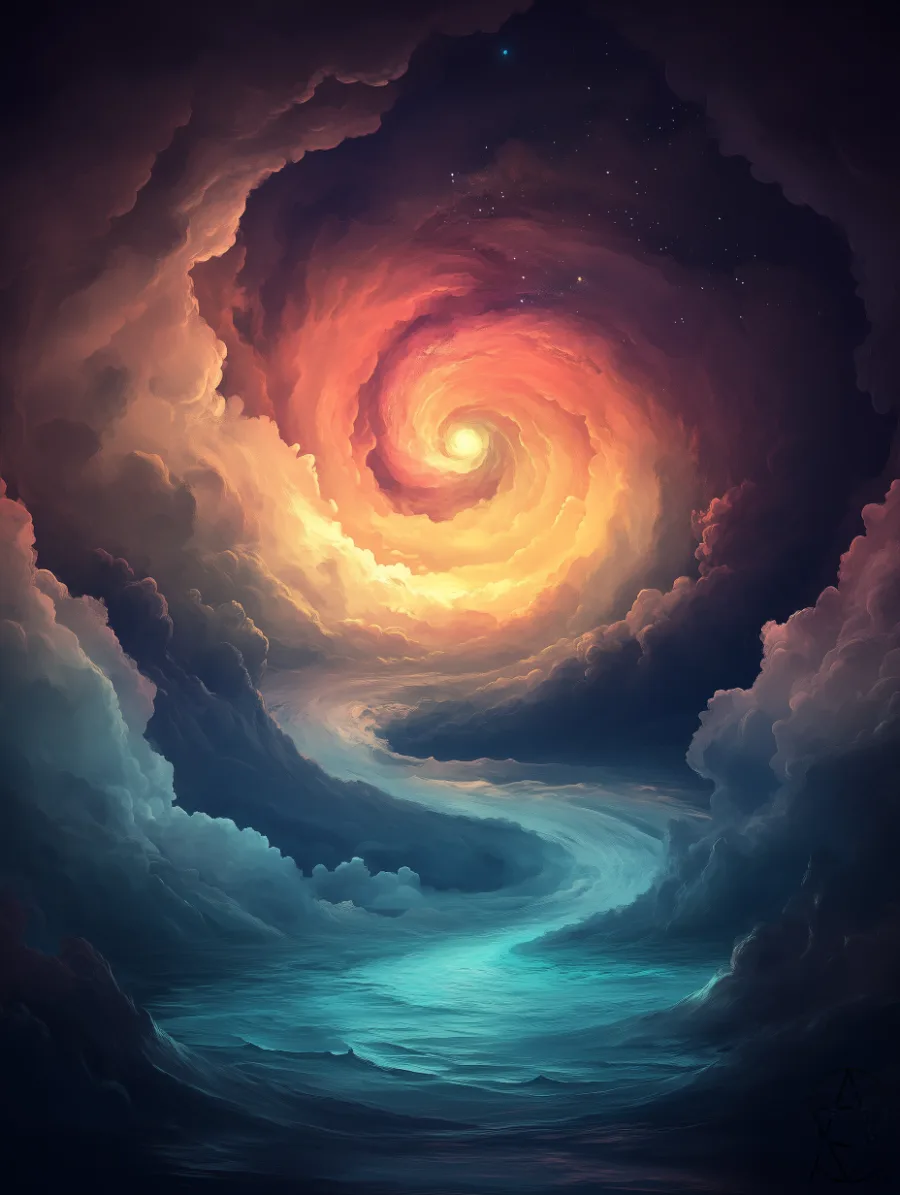 Un grande vortice a spirale, arancione e dorato, che avvolge tutto il mare e il cielo.