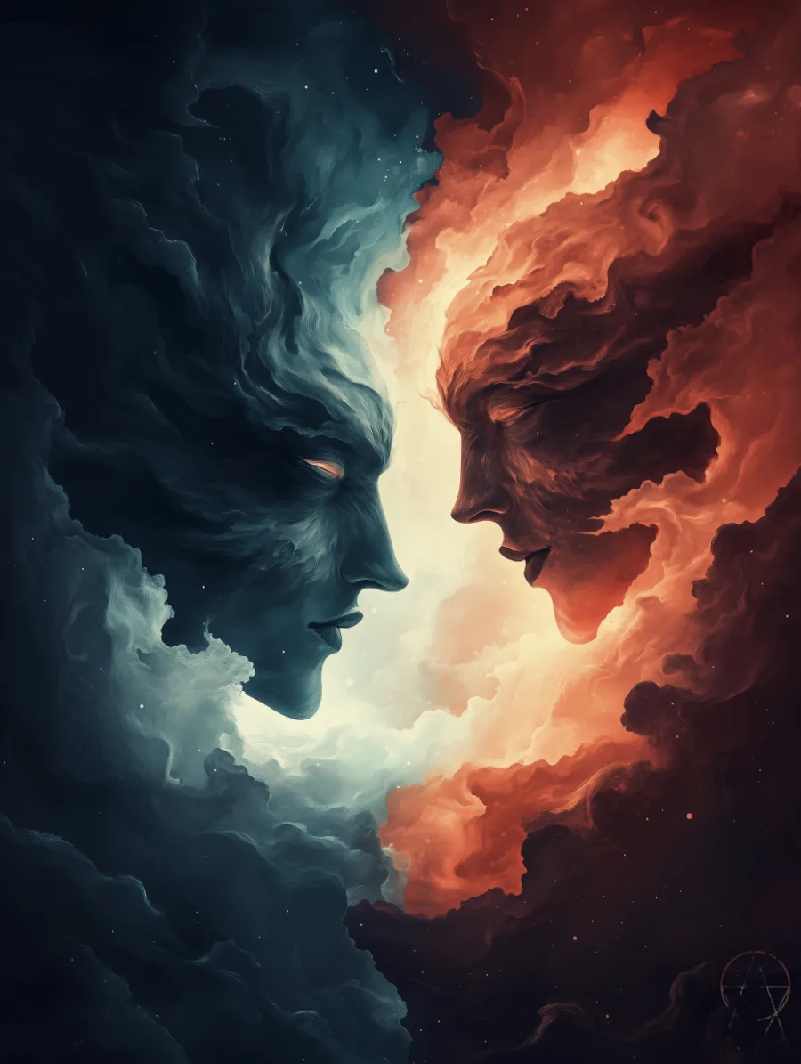 Due volti di profilo formati dalle nubi, uno freddo e uno arancione, che si guardano da vicino.