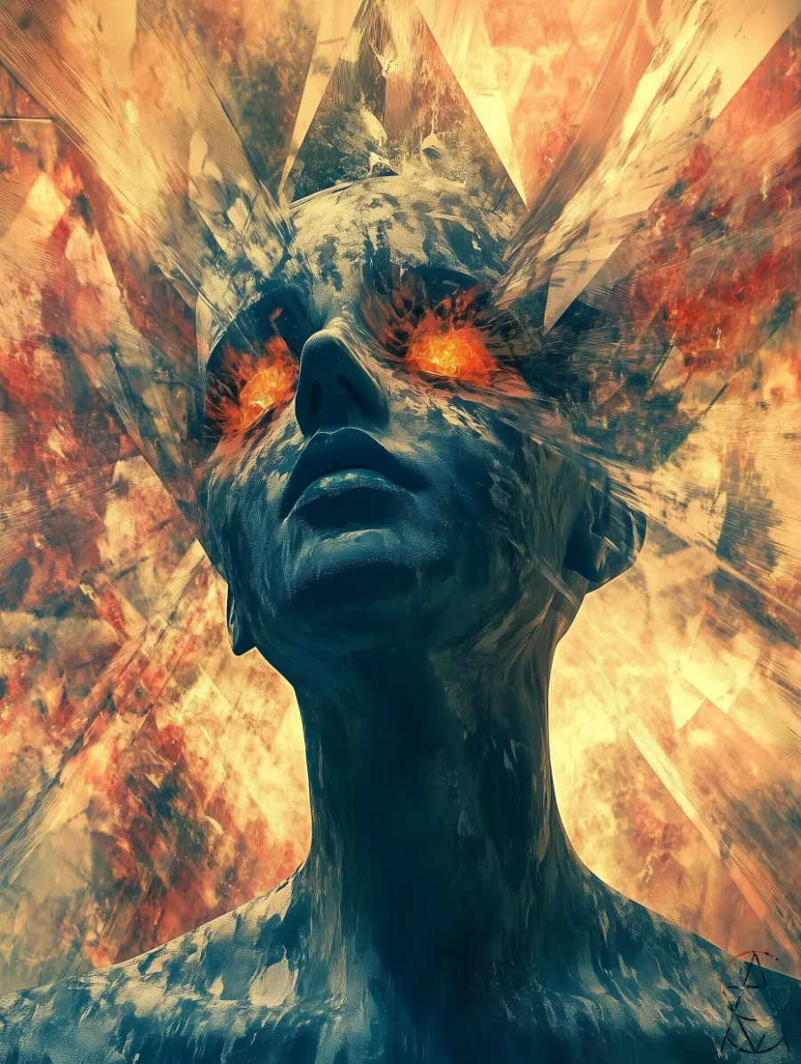 Una figura umana vista dal basso, la testa rovesciata all’indietro e gli occhi che bruciano di fuoco arancione, mentre dal capo si irradiano schegge di cristallo dorate.