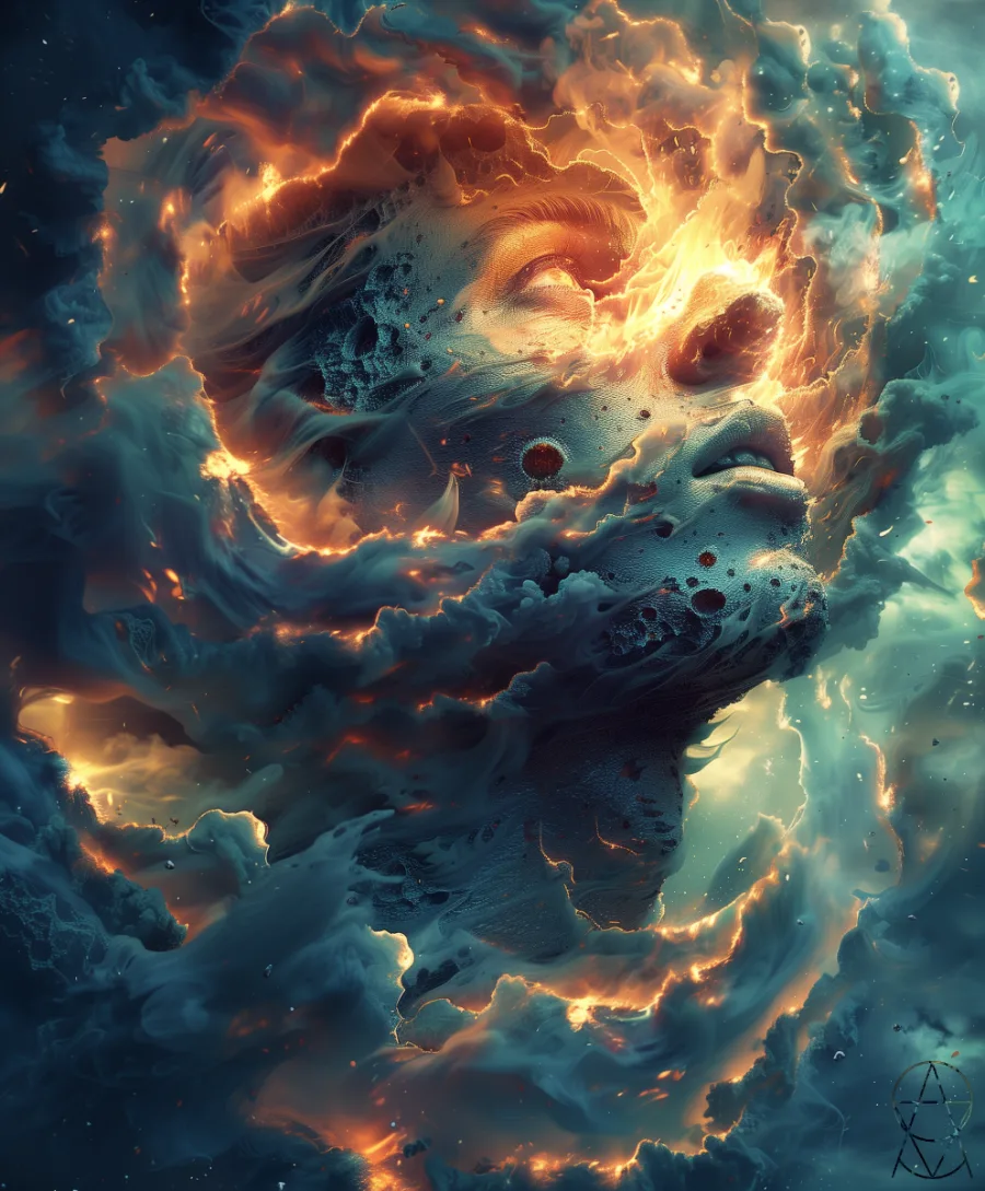 Un volto che si dissolve in una spirale di nubi e fuoco, fra arancione acceso e verde-azzurro.